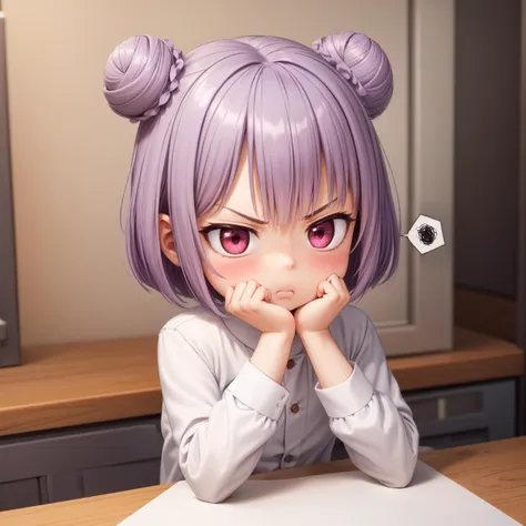 anime girl with purple hair and purple eyes sitting at a table