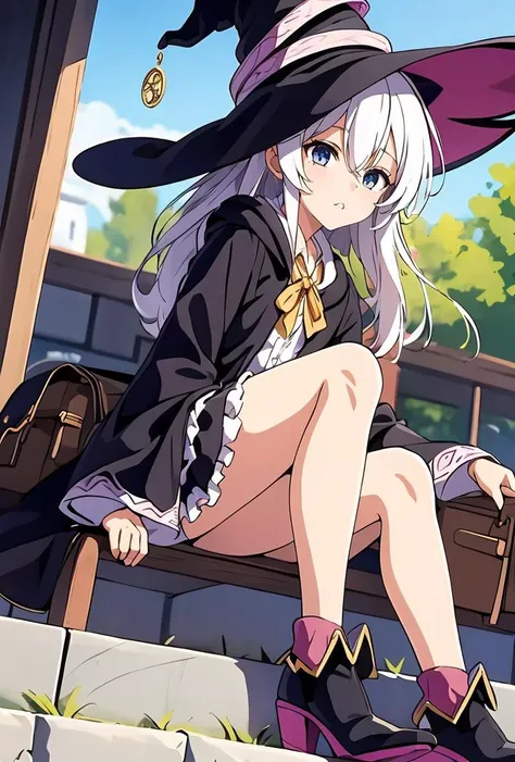 (masterpiece, best quality), 1girl,   <lora:elaina:0.8> elaina, 1girl, solo, long hair, blue eyes, skirt, shirt, long sleeves, hat, bow, ribbon, hair between eyes, white shirt, white hair, boots, frills, wide sleeves, black skirt, bag, black footwear, blac...