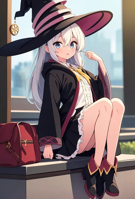 (masterpiece, best quality), 1girl,   <lora:elaina:0.8> elaina, 1girl, solo, long hair, blue eyes, skirt, shirt, long sleeves, hat, bow, ribbon, hair between eyes, white shirt, white hair, boots, frills, wide sleeves, black skirt, bag, black footwear, blac...