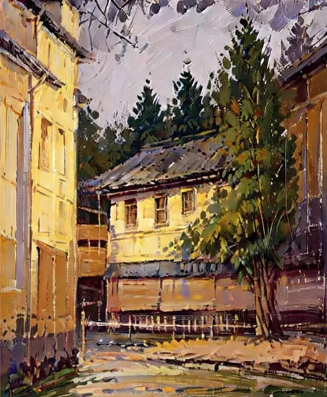 painting of a street scene with a yellow building and a tree