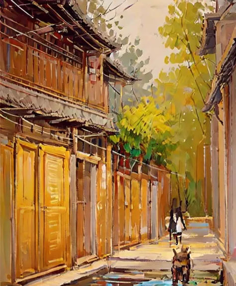 painting of a woman walking a dog down a street in a village