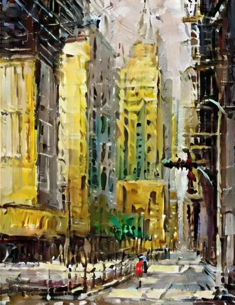 painting of a city street with a yellow building and a red umbrella