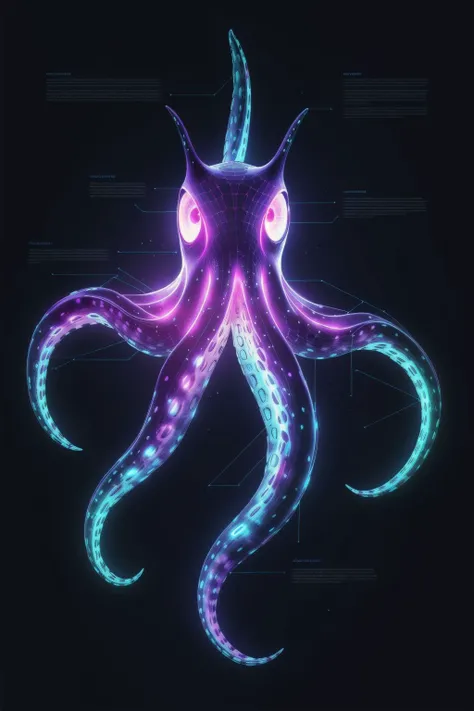 a bioluminescent Octopus, black background, J_diagram <lora:J_diagram:0.8>