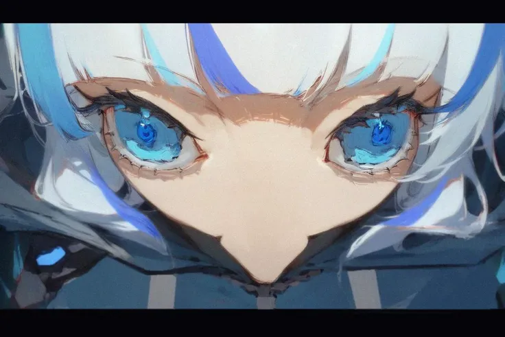 anime girl with blue eyes and white hair with a hood on