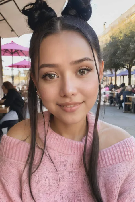 bphpiercing eyes, looking straight, very happy,pig tails hair, wearing an off-shoulder sweater, pink collar, closeup portrait, in a outdoor cafe in 2015, afternoon light,<lyco:BellaPoarch-RealVision-V1.0:1.0>