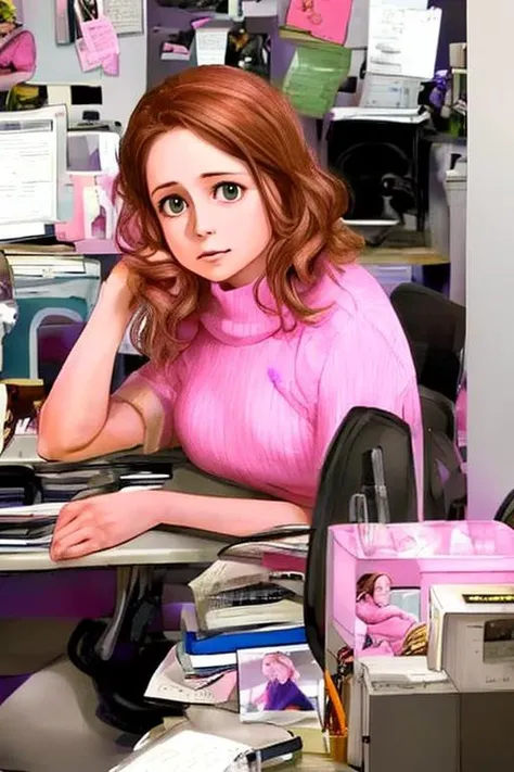 pink sweater, white dress shirt, sitting at a desk, concerned expression, looking at viewer, brown hair, long hair,  photograph, <lora:pmbsly:1.0> pmbsly,