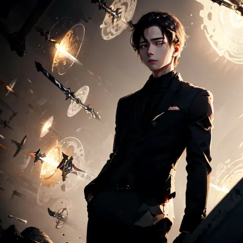 anime character in a black suit standing in front of a wall of spaceships