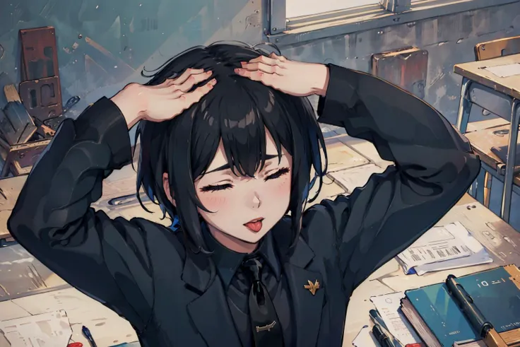 masterpiece, best quality <lora:oc_justtnp-11:0.7> justtnp, formal, black jacket, black necktie, upper body <lora:ahetobleh-nvwls-v1-final:0.6> ahetobleh, hands on own head, classroom, closed eyes, from above, tongue