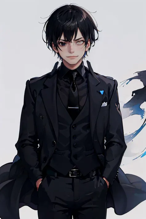 anime character dressed in black suit and tie with a blue background