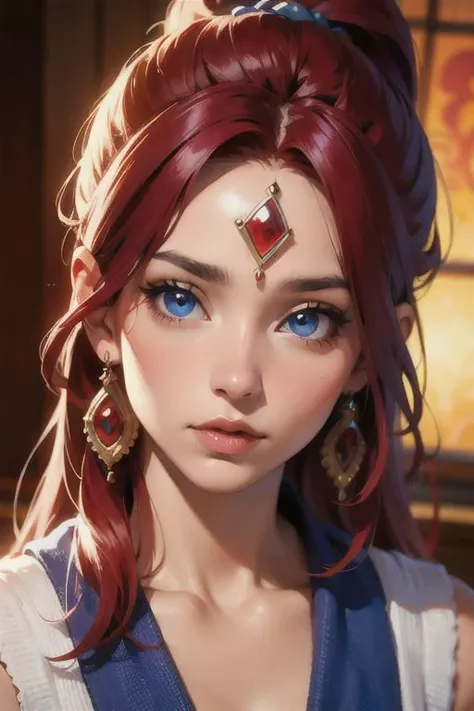 1woman , Mayan outfit , Mayan jewelries, perfect blue eyes, red mix hair ,pony tail hair, ((beautiful face)),(((best quality, masterpiece))),(((extreme realistic)))