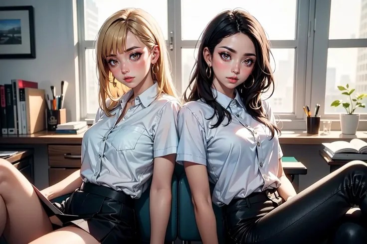 (masterpiece, best quality, hires, high resolution:1.2), (depth of field:1.2), 2girls in an office BREAK  short skirt, blonde hair, long hair, earrings, jewelry, blunt bangs, makeup, brown eyes BREAK   tight black pants, black hair, long hair, earrings, je...