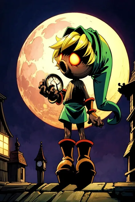 <lora:Deku_Link_Zelda:0.8>, Deku_Link_Zelda, blonde, glowing eyes, brown boots, no human, medieval town, clock tower, big moon, fairy, <lora:add_detail:0.7>,