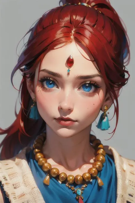 a close up of a woman with red hair and blue eyes