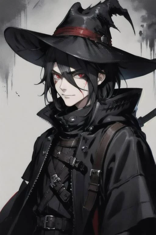 upper body, looking at viewer, 1man, solo, black techwear coat, dark fantasy city, very short gray shaggy hair, red eyes, brutal, some smirked, detalized face, anime, with buckle and tape, bloodborne, cowboy hat, weapon