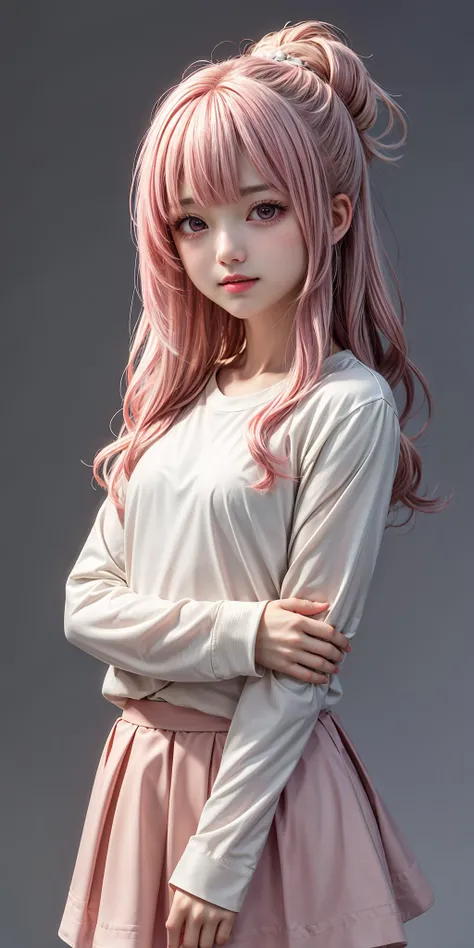 best quality,masterpiece,1girl,<lora:more_details:0.7>,pink hair,long hair,shining skin,<lora:jyoji fuku v4:0.3>,jyojifuku,skirt,long sleeves,shirt,simple background,upper_body,