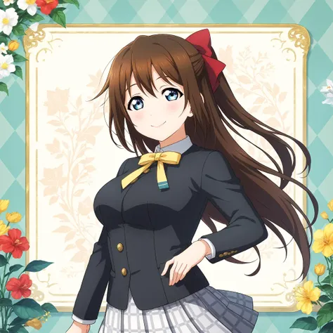 anime girl in school uniform posing in front of a floral frame