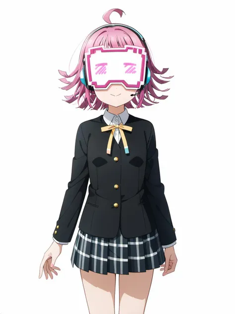 anime girl in school uniform with goggles and plaid skirt