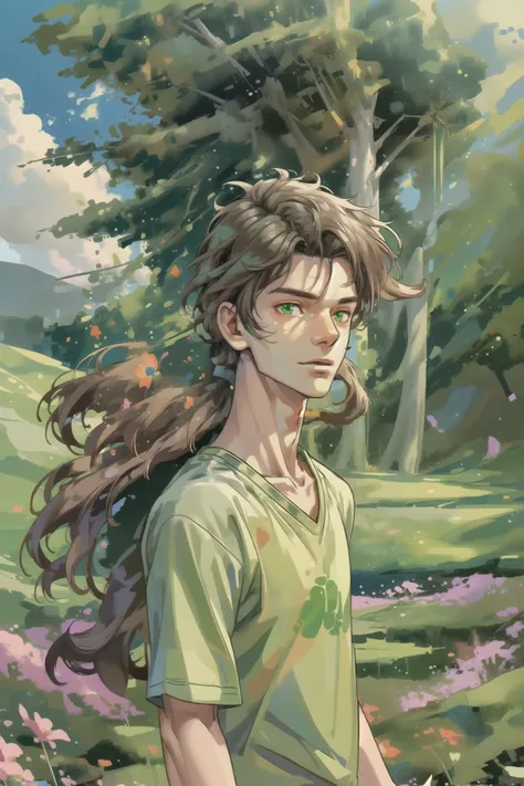 1boy, upper body, green t-shirt, long hair, teen, 18 years old, brown hair, day, flower, grass, cloud, hill, masterpiece, best q...