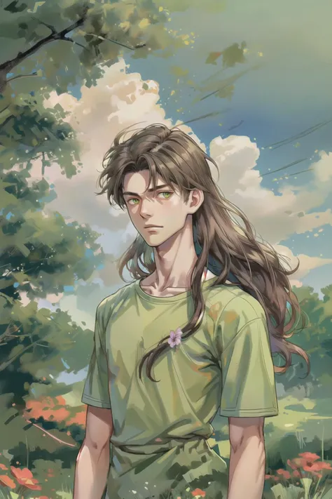 1boy, upper body, green t-shirt, long hair, brown hair, teen, 18 years old, day, flower, grass, cloud, (marsh:1.1), tree, master...