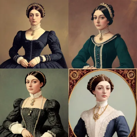 four different portraits of women in period dresses and tias