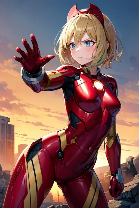 masterpiece, best quality, highres, aairida, short hair, red hairband, <lora:irida_(pokemon)_v1:0.7>, iron man, fighting stance, ruins, outdoors, serious, cowboy shot, bodysuit, open hand,