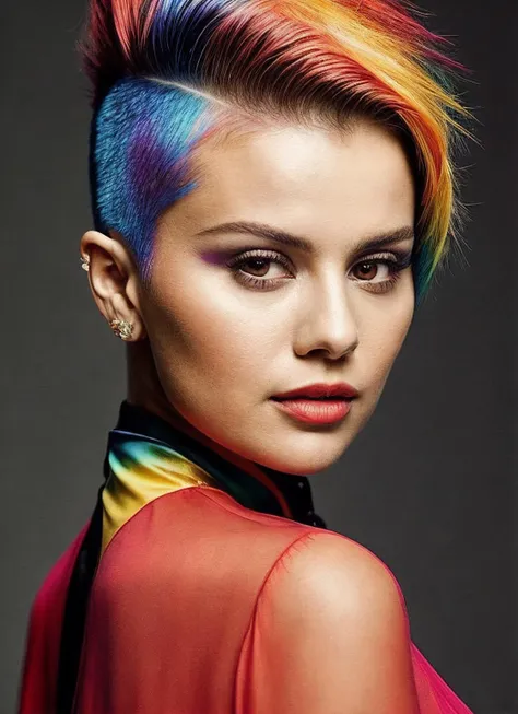 portrait of sks woman by Flora Borsi, style by Flora Borsi, bold, bright colours, rainbow Mohawk haircut, ((Flora Borsi)), <lora:locon_selenagomez_v1_from_v1_64_32:1>