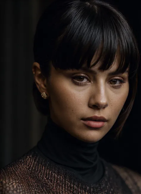 A stunning intricate full color portrait of (sks woman:1), wearing a black turtleneck, epic character composition, by ilya kuvshinov, alessio albi, nina masic, sharp focus, natural lighting, subsurface scattering, f2, 35mm, film grain, <lora:locon_selenago...