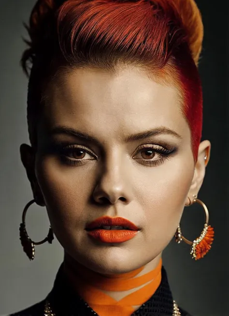 portrait of sks woman by Flora Borsi, style by Flora Borsi, bold, bright colours, orange Mohawk haircut, ((Flora Borsi)), <lora:locon_selenagomez_v1_from_v1_64_32:1>