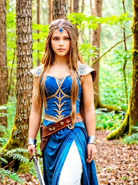 a woman in a blue dress holding a sword in a forest