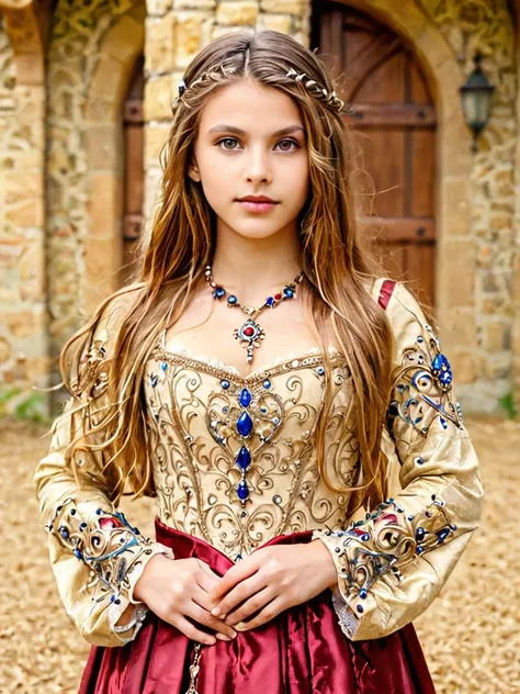 a woman in a medieval dress standing in front of a stone building