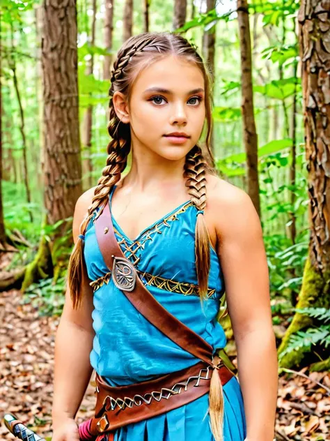 a close up of a young girl in a blue dress holding a sword