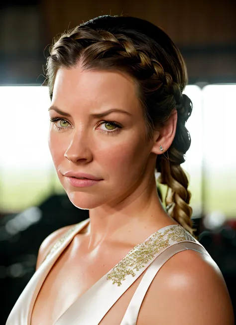 portrait of Evangeline Lilly, worried , wearing satin , with ash blonde Side braid , background war epic (photo, studio lighting, hard light, sony a7, 50 mm, matte skin, pores, colors, hyperdetailed, hyperrealistic), <lyco:Evangeline Lilly:1.3>