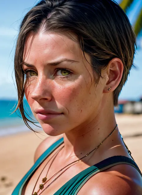 portrait of Evangeline Lilly, guilty , wearing beachwear , with chestnut Feathered haircut , background slums epic (photo, studio lighting, hard light, sony a7, 50 mm, matte skin, pores, colors, hyperdetailed, hyperrealistic), <lyco:Evangeline Lilly:1.3>