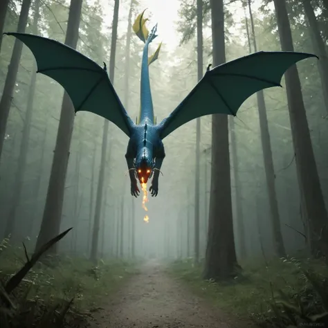 score_9, score_8_up, best quality, masterpiece, 4k, prefect lighting, very aesthetic, fire dragon flies high above forest, in air, forest below,