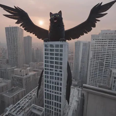 score_9, score_8_up, best quality, masterpiece, 4k, uncensored, prefect lighting, very aesthetic, black cat-girl with wings flies above city, yawns, city building below,