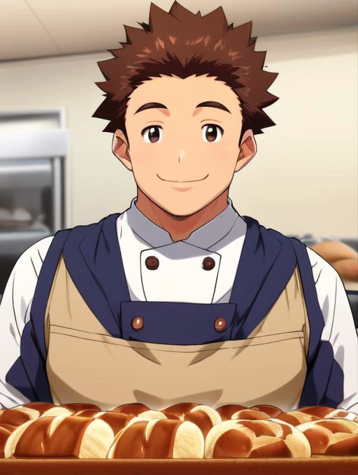 a man in a kitchen holding a tray of bread