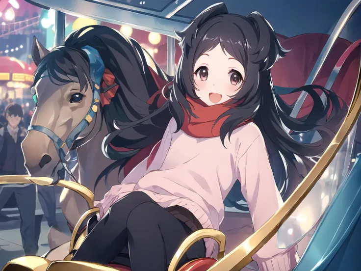 anime girl sitting on a horse in a carriage in a city