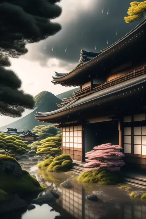 estilovintedois, (extremely detailed CG unity 8k wallpaper),(masterpiece), (best quality), (realistic), (((best�quality))), ((ultra-detailed)), rural Japan, Japan, summer, rain, sharp, rule of thirds