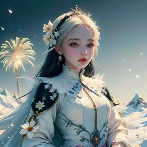 (fairy tale, white snowfall:1.2), super cute 1girl among colorful vanilla flowers, pale skin, black hair, black eyes, fireworks, (unity 8k wallpaper, ultra detailed, masterpiece, best quality, official art, beautiful and aesthetic:1.2), <lora:FairyTaleV20_...