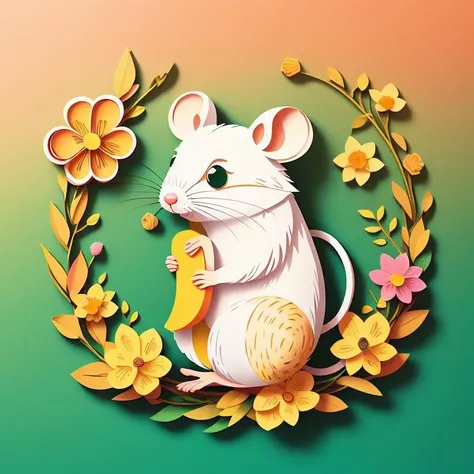 paper-cut craft, no-frame, no-mask, a cute rat among colorful vanilla oil flowers outline, gradient green orange wall, depth of field, Sony FDR-AX60, <lora:FairyTaleV20_SD1.5:0.7>