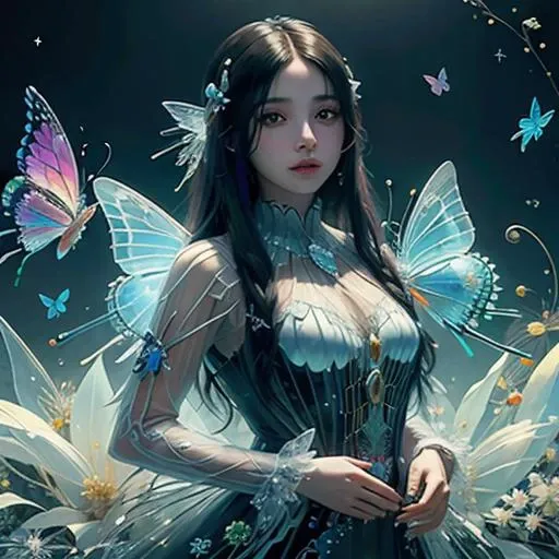 (crystal transparent flowers and butterflies:1.2), 1girl among crystal transparent colorful vanilla flowers, pale skin, black hair, black eyes, (unity 8k wallpaper, ultra detailed, masterpiece, best quality, official art, beautiful and aesthetic:1.2), <lor...