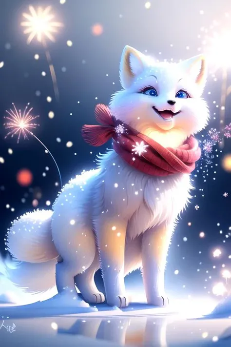 pixar style, a cute and sweet happy white fairy fox, Wearing a red scarf, singing, blue eyes long eyelashes, Happy sweet smile, open mouth.shiny snow white fluffy, fluffy tail, fairy tale, fireworks shine, bright color, natural light, face focus, <lora:Fai...