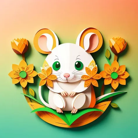 paper-cut craft, no-frame, no-mask, a cute rat among colorful vanilla oil flowers outline, gradient green orange wall, depth of field, Sony FDR-AX60, <lora:FairyTaleV20_SD1.5:0.7>