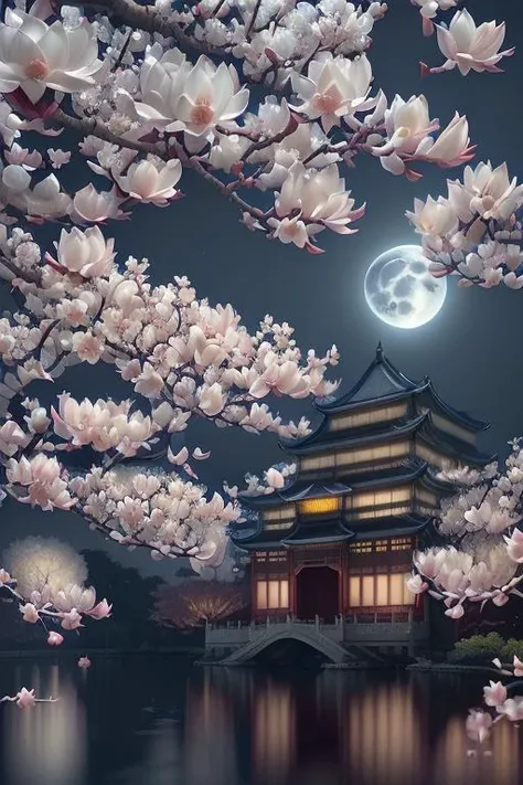 3D rendered of ultra-realistic scene, background of dark blue sky with full moon and distant Chinese trandistional palace, branch of Magnolia with white flowers, ultra wide shot from below, Jiangnan Water City, <lora:FairyTaleV1a_SD1.5:0.5>