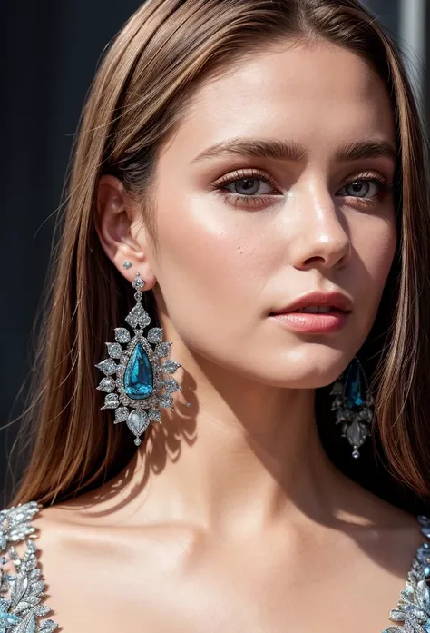 a woman wearing a blue dress and earrings with a blue top