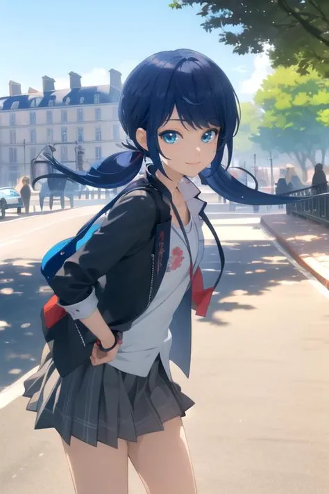 masterpiece, best quality, 1girl, solo, candid photo, detailed background, slight smile, looking at viewer,  <lora:marinette:0.45> , (blue hair,  hair laces, short twintails), jacket, skirt, in France