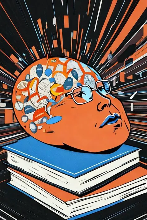 a painting of a book with a brain on top of it