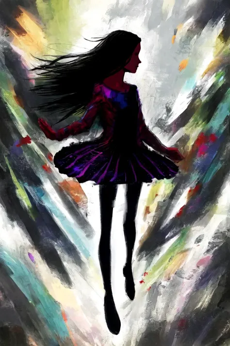 painting of a woman in a purple dress flying through the air