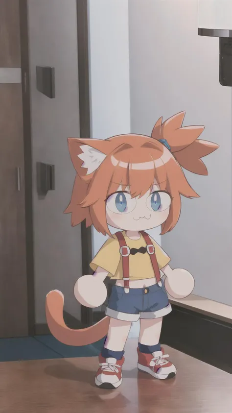 <lora:Neco-Arc:0.8> neco-arc, necopose, 1girl, full body, :3, cat ears, chibi, cat girl, cat tail, solo, slit pupils <lora:misty by Goofy Ai:1> (misty pokemon, side ponytail:1.15), short hair, orange hair, blue eyes, yellow t-shirt, blue shorts, red suspen...