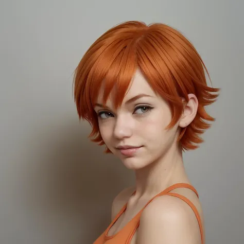 a close up of a woman with a bright orange hair